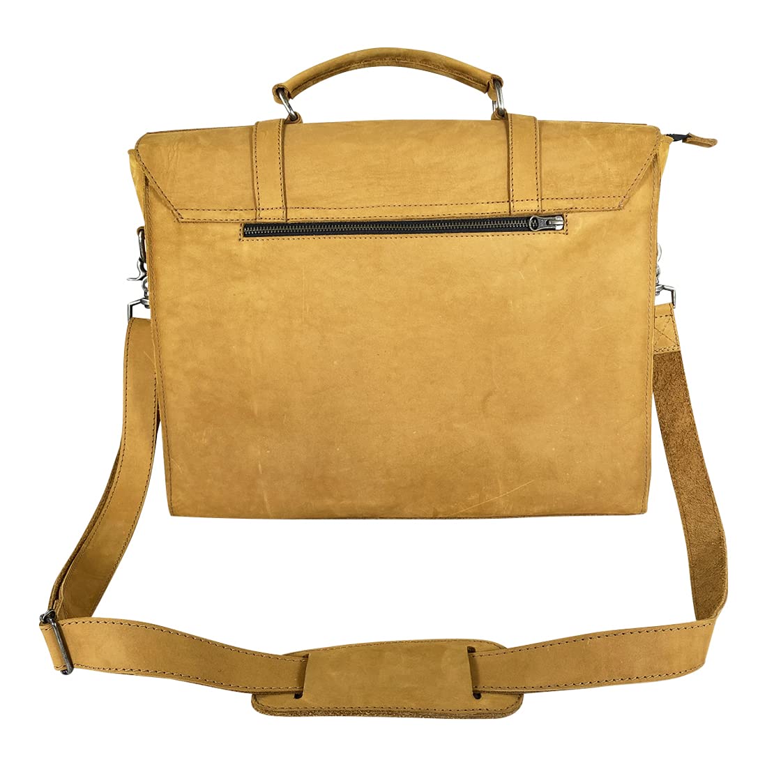 Weatherproof Leather, Messenger Bag Handmade from Suede Leather with Plaid Cotton Lining - Briefcase for Storing Computer, Books, with Zipper Closure, Adjustable Crossbody Strap - Old Tobacco