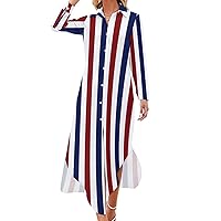 Red, White, and Blue Stripes Women's Shirt Dress Button Down Long Blouse Dress Long Sleeve Casual Maxi Dresses