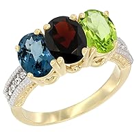 14K Yellow Gold Natural London Blue Topaz, Garnet & Peridot Ring 3-Stone 7x5 mm Oval Diamond Accent, sizes 5 - 10