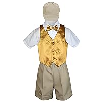 5pc Baby Toddler Boys Gold Vest Bow Tie Set Khaki Shorts Suit Cap S-4T (S:(0-6 months))