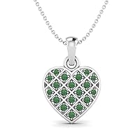 0.38 Cts Round Shaped Genuine Emerald Gemstone Heart Love Pendant Necklace, 925 Sterling Silver Platinum Plated Chain Necklace