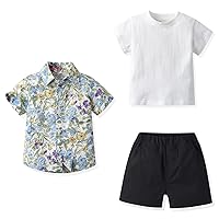 Child Toddler Baby Boy Shorts Sets Hawaiian Outfit,Infant Kid Floral Short Sleeve Shirt Top+T-shirt +shorts Suits