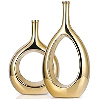Modern Glossy Gold Ceramic Vase Set - 2 Small Vases, Luxurious Home Decor Gold, Great for Gold Centerpieces; Ideal Shelf Décor, Table Décor, Bookshelf, Mantle, Entryway