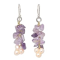 NOVICA Artisan Handmade Cultured Freshwater Pearl Amethyst Cluster Earrings Unique Beaded .925 Sterling Silver Purple White Thailand Mauve Mist Birthstone 'Afternoon Lilac'
