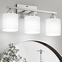 Bathroom Lighting Fixtures Over Mirror Brushed Nickel, Anti-Rust 3-Light Bathroom Vanity Lights, Modern 18Inches Wall Sconces E26 Base, Milky White Glass Shades, Bulbs Not Included