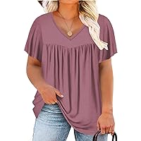 VISLILY Womens-Plus-Size-Summer-Tops 2024 Pleated V Neck T Shirts Short Sleeve Blouses Ruffle Flowy Tunics XL-5XL