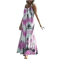 Tie Dye Dress for Women V Neck Spaghetti Strap Sleeveless Maxi Dress Summer Casual Boho Dress Sun Dress for Beach Vacation