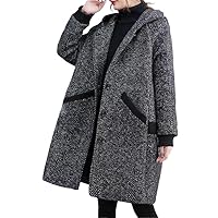 Womens Winter Hooded Woolen Coat Fashion Mid length Large Plaid Long Sleeve Single breasted Casual Jacket