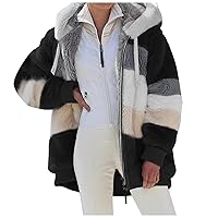 Sherpa Hoodies for Women Casual Splicing Color Sweater Loose Zipper Pocket Sweatshirt Hooded Fleece Outwear Coat