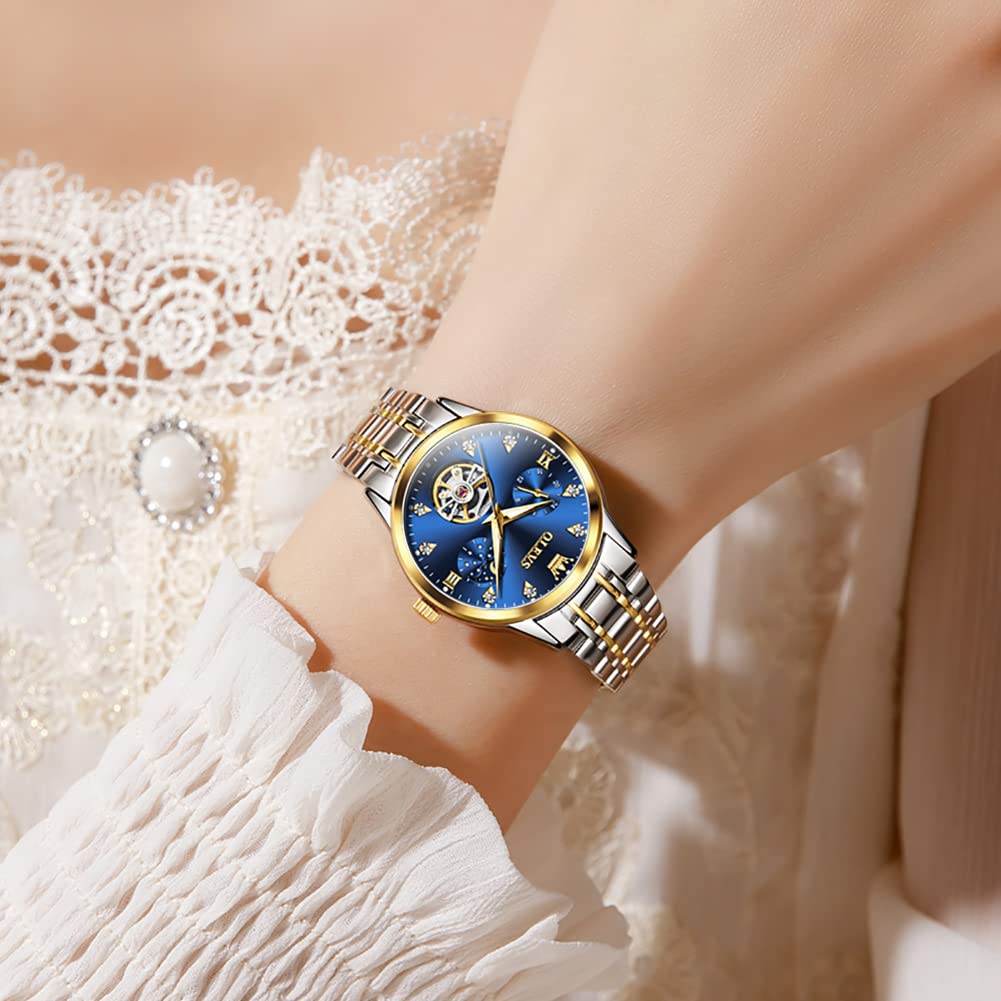 OLEVS Womens Automatic Skeleton Watches Luxury Diamond Self Winding Tourbillon Fashion Dress Wrist Watch Stainless Steel Waterproof Luminous Moon Phase