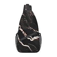 Sling Backpack,Travel Hiking Daypack Black Rose Gold Marble Print Rope Crossbody Shoulder Bag