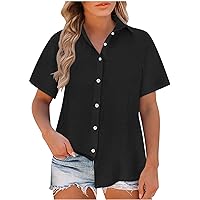 Womens Cotton Linen Button Down Shirt 2024 Casual Short Sleeve Plain Solid Color Shirts Loose Work Tops