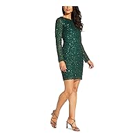 Adrianna Papell Womens Green Sequined Zippered Lined Long Sleeve Boat Neck Short Evening Sheath Dress 2