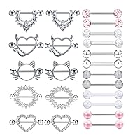 TIANCI FBYJS 11 Pairs Stainless Steel 14G Nipple Rings Nipplerings CZ Heart Tongue Shield Barbell Rings Retainer Body Piercing Jewelry for Women 9/16Inch