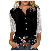 3/4 Sleeve Tops for Women Summer Button Down Henley Shirt Three Quarter Sleeve Shirts Floral Printed Tunic Blouses