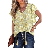 SHEWIN Womens Summer Tops Floral Short Sleeve V Neck Blouses for Women Dressy Casual Loose Shirts