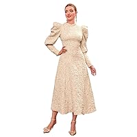 Womens Fall Fashion 2022 1pc Jacquard Gigot Sleeve Dress (Color : Champagne, Size : Large)
