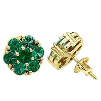 Abhi Round Cut Green Emerald 925 Sterling Silver 14K Yellow Gold Over Diamond Cluster Flower Stud Earrings for Women's
