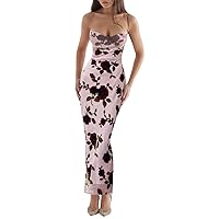 Summer Elegant Bodycon Maxi Dress for Women Vintage Flower Pattern Spaghetti Strap Satin Long Dresses Party Club