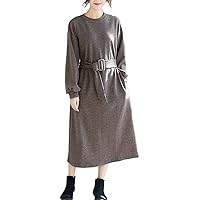 Flygo Women's Casual Belted Long Sleeve Dresses Cashmere Midi Dress