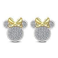 Yellow & White Gold Plated Cubic Zirconia Womens Girls Mickey Minnie Mouse Stud Earrings (Push Back)