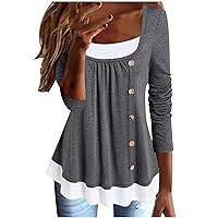 Women 2023 Spring Fashion Tunic Tops to Wear Leggings Long Sleeve Scoop Neck Loose Shirts Plus Size Flowy Pleated Blouse
