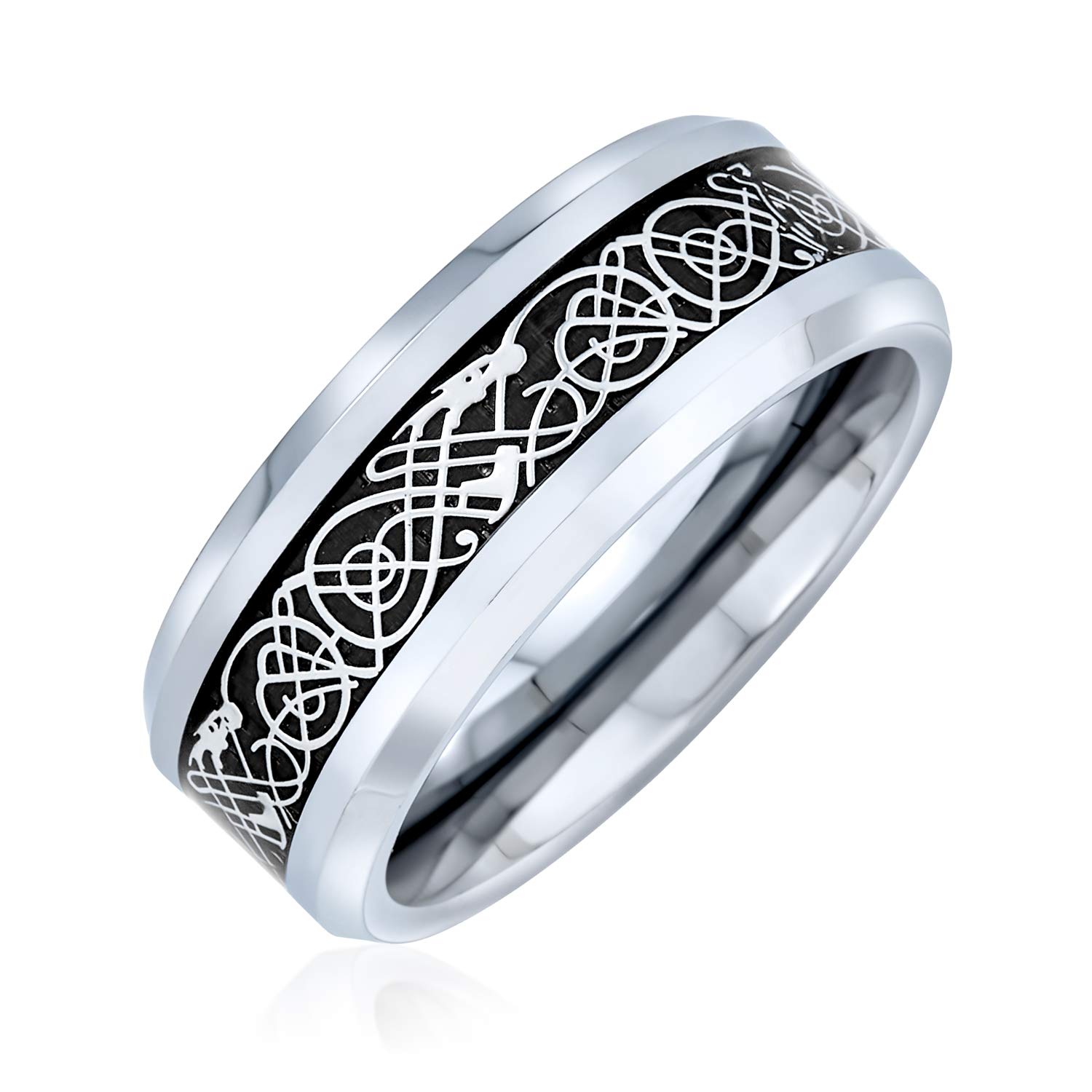 Bling Jewelry Personalize Two Tone Celtic Knot Dragon Carbon Fiber Inlay Couples Silver Gold Tones Titanium Wedding Band Rings for Men for Women Comfort Fit 8MM Wide in Blue Black Golden Colors