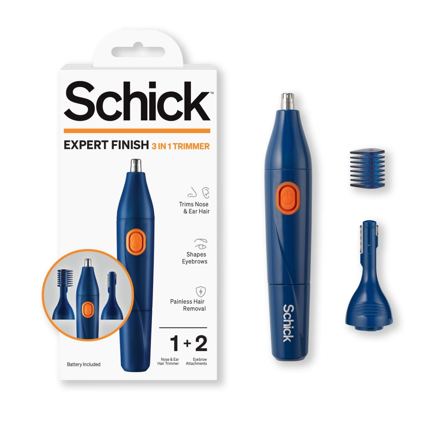 Schick Expert Finish 3-in-1 Trimmer | Nose and Ear Trimmer, Eyebrow Trimmer for Men, Electric Trimmer for Painless Hair Removal, Nose Clippers, Brow Trimmer, Cordless Trimmer