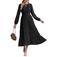 MEROKEETY Women's 2024 Long Puff Sleeve Tie V Neck Dress Pleated Swiss Dot A Line Maxi Dresses