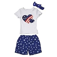 Petitebella USA Twin Heart White Shirt Blue Stars Shorts Outfit 1-8y