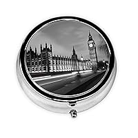 Houses of Parliament Print Pill Box Round 3 Compartment Pill Case Portable Travel Pill Organizer Mini Medicine Storage Box for Pocket Purse Metal Decorative Pill Holder for Daily Medicine