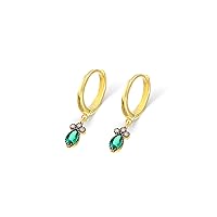 Emerald Earrings, 14K Solid Gold Anniversary Earrings, Hoops Earrings, Dainty initial Emerald Earrings, Minimalist 14K Gold Emerald Earrings