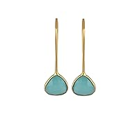 El Joyero Aqua. Chalcedony Gemstone Gold Plated Brass Heart Shape Stone Hook Earrings Jewelry EJ-1050 Blue
