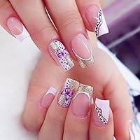 24Pcs Medium Coffin Press on Nails with Glitter French Butterfly Fake Nails Black White Milk Pattern Design Glue on Nails Full Cover French Tip Stick on Nails Glossy Acrylic False Nails for Women