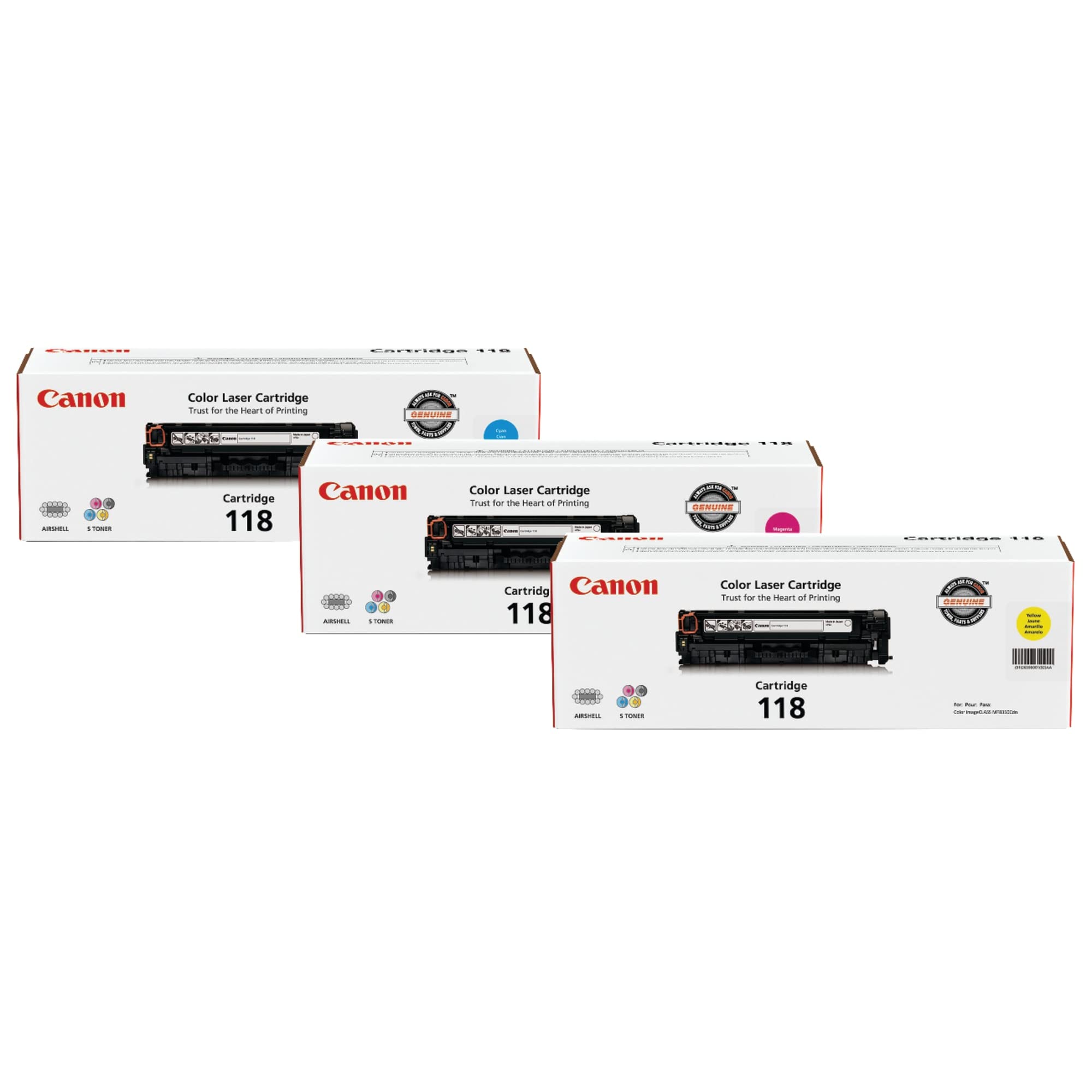 Canon Genuine Toner Bundle 118 (2660B015), 3 Pack (1 Each: Cyan, Magenta, Yellow), for Canon Color imageCLASS MF8350Cdn, MF8380Cdw, MF8580Cdw, MF729Cdw, MF726Cdw, LBP7200Cdn, LBP7660Cdn Laser Printers