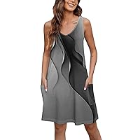 Women’S Sundress Bohemian Dress for Women 2024 Summer Fashion Print Pretty Slim Fit Dress Sleeveless V Neck Dresses with Pockets Dark Gray 3X-Large