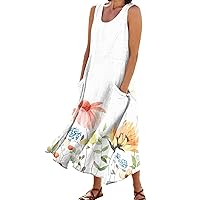 Linen Dress for Women Summer Flowy Sleeveless Long Dress Printed Tank Dress Casual Maxi Dresses with Pockets