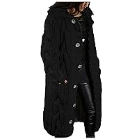 Long Chunky Cardigans for Women Casual Comfy Knit Sweater Coat Fashion Long Sleeve Hood Outwear with Elbow Patches