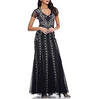 Adrianna Papell V-Neck Sort Sleeve Godet Cutout Back Embellished Mesh Gown Midnight / 0
