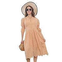 Long Simple Solid Hollow Out Cotton Holiday Style High Waist Mid-Calf Autumn Puff Dresses S Khaki