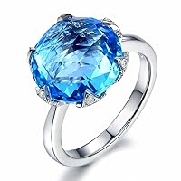 Big Fashion Jewelry Elegant Design Swiss Blue Topaz Gemstone Diamond Solid 14K White Gold Wedding Promise Engagement Band Ring Set