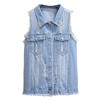SCOFEEL Women's Ripped Denim Vest Button Downs Sleeveless Jacket Plus Size with Fringe
