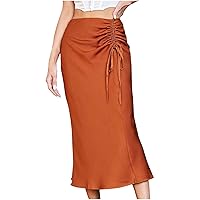 Satin Bodycon Skirts for Women Drawstring Ruched Midi Skirt Solid Color Sexy Long Skirt Ladies Pleated A-Line Skirt
