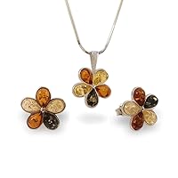 Amber Flower Set, Multicolour amber pendant & stud earrings, Flowers jewelry, Gemstone set, Gift Jewelry, Real amber jewelry