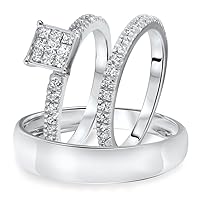 14K White Gold Over 1 3/4 Ct D/VVS1 Diamond Men's & Women's Engagement Trio Ring Set