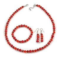 Avalaya Red Glass/Ceramic Bead with Silver Tone Spacers Necklace/Earrings/Bracelet Set - 48cm L/ 7cm Ext