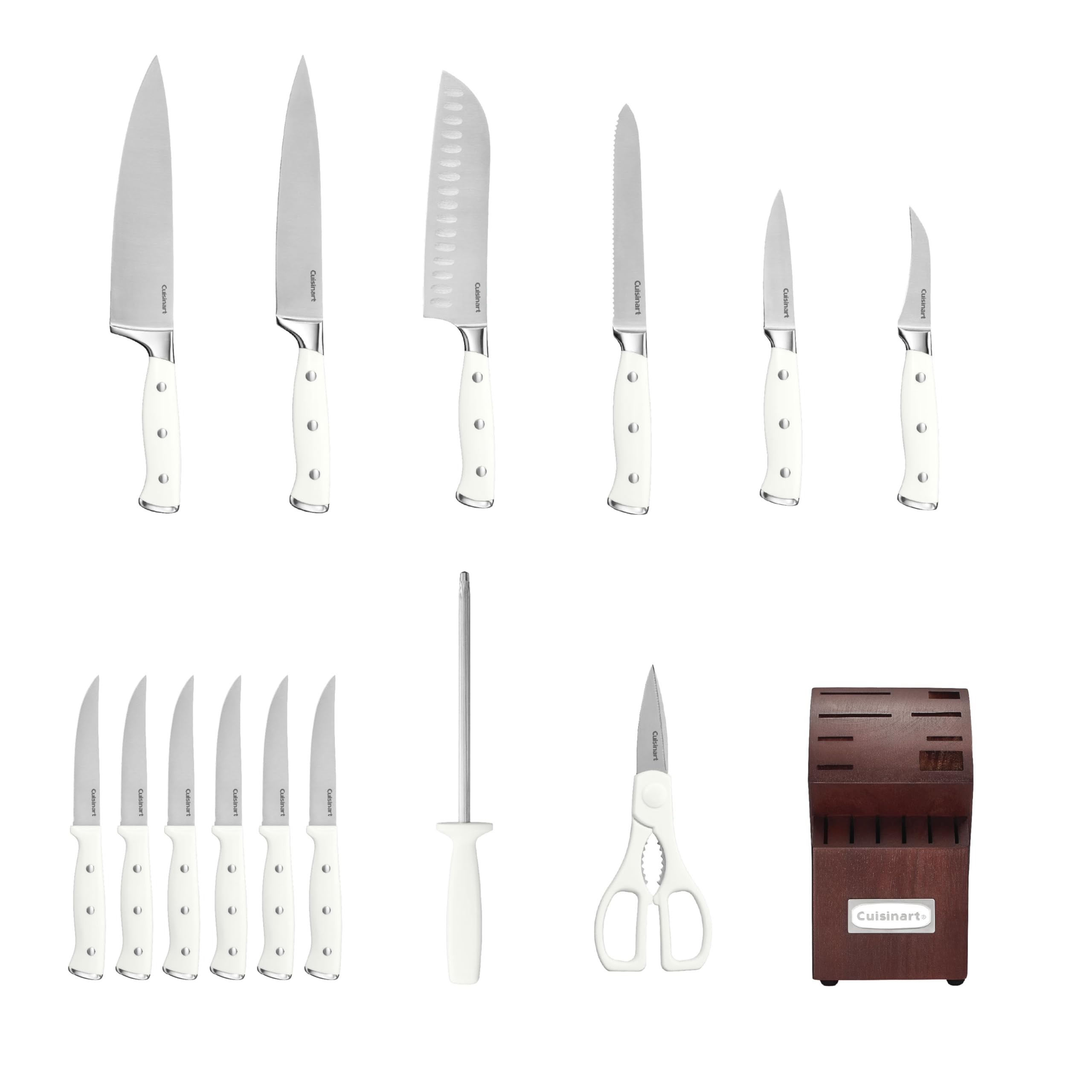 Cuisinart Classic Forged Triple Rivet, 15-Piece Knife Set with Block, Superior High-Carbon Stainless Steel Blades for Precision and Accuracy (Brushed Cherry/White)