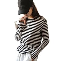 100% Cotton Women' Striped -Shirt Spring Korean Basic Long Sleeve Tops -Neck with Print Tees