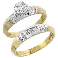Genuine 10k Yellow Gold Diamond Trio Wedding Sets for Him and Her Knife Edge 3-piece 4.5mm & 4mm wide 0.10 cttw Brilliant Cut sizes 5-14