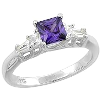Sterling Silver Cubic Zirconia Princess Cut Amethyst Ring 3/16 inch Wide, Sizes 6-9